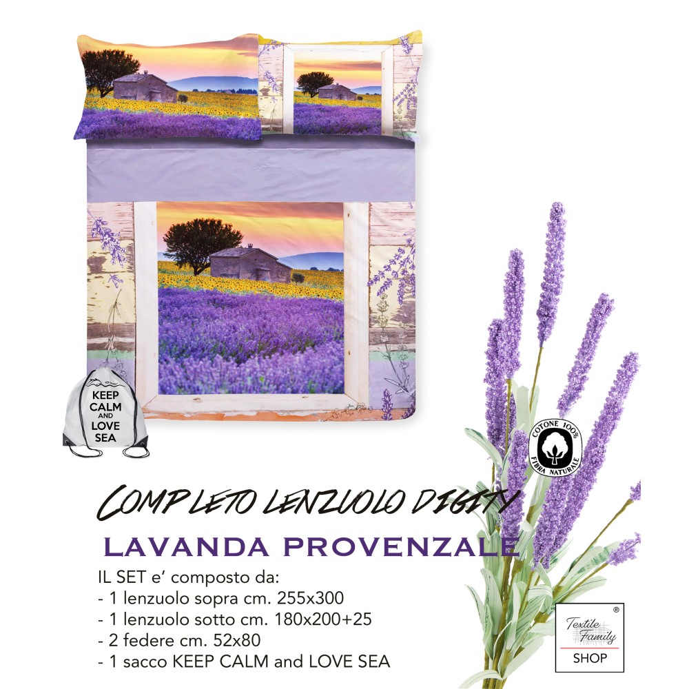 COMPLETO LENZUOLO COPRILETTO stampa DIGITALE COPRILETTO LAVANDA