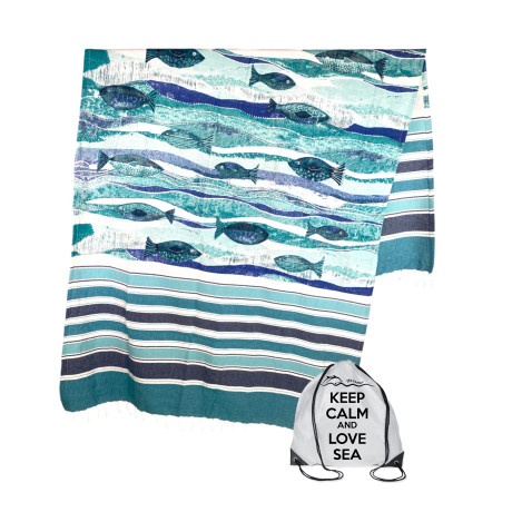 Serviette de plage en coton à franges dessinées avec des poissons sur couleur turquoise