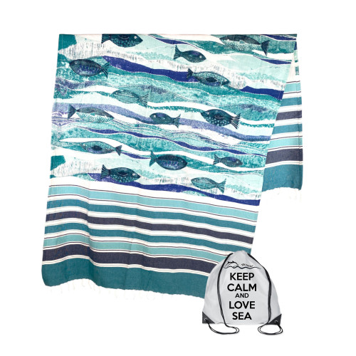 Serviette de plage en coton à franges dessinées avec des poissons sur couleur turquoise